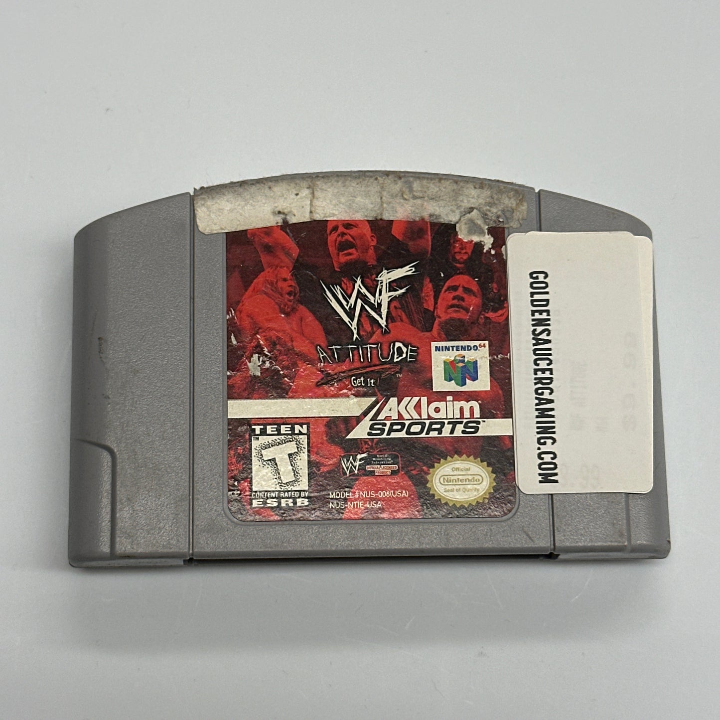 Game cartridge with a label on a gray background