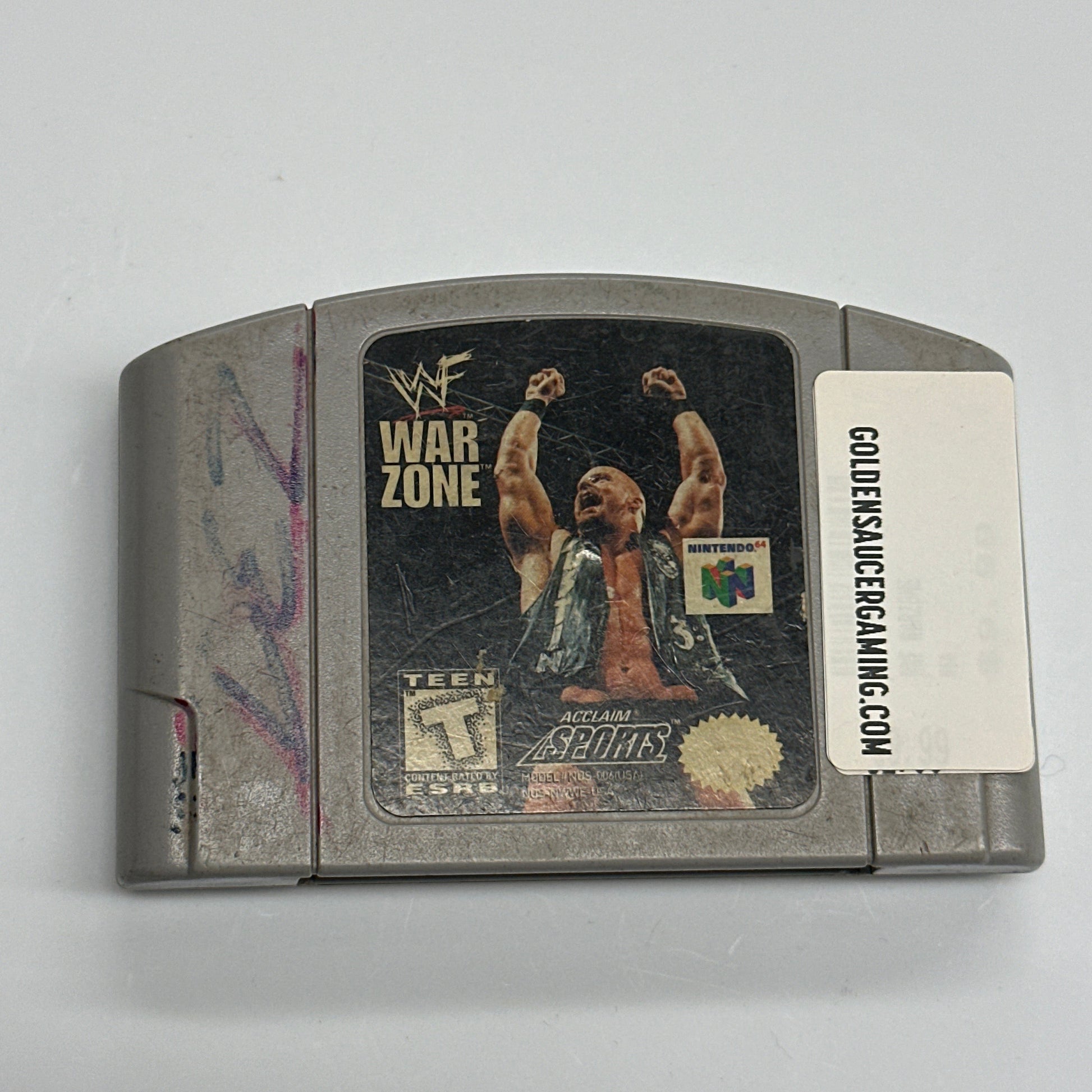 Vintage video game cartridge with 'War Zone' artwork on a white background