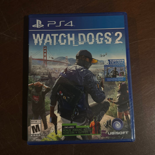 Watch Dogs 2 game case for PS4 on a wooden surface